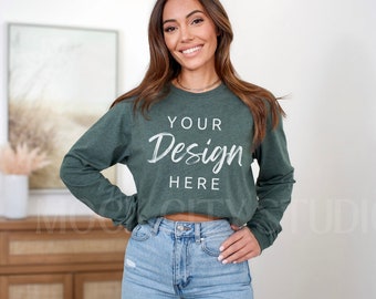 Heather Forest Long Sleeve Tshirt Bella Canvas 3501 Mockup, 3501 Tshirt Mockup, Model Bella Canvas 3501 Mocks, Model Mockup, Tee Mockup