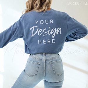 Back Mockup Comfort Colors 6014 Blue Jean Long sleeve Shirt Mockup, Long Sleeved Comfort Colors Backside, Model Mockup, Blue Tshirt Mockup