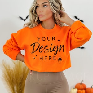Gildan Orange 18000 Sweatshirt Mockup - Sweatshirt Mockup - Heavy Blend Gildan - Model Mockup - Herbst Mockup - Halloween Mockup - Herbst