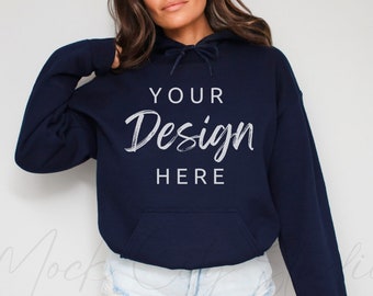 Gildan 18500 Navy Hooded Sweatshirt Mockup, Gildan Hoodie Mockup Navy Blue Hooded Sweatshirt Model Mockup