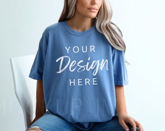 ウォッシュドデニム コンフォートカラーズ 1717 Tシャツ モックアップ、モデル モックアップ、コンフォートカラーズ ティー モック、Tシャツ モックアップ、オーバーサイズ モックアップ