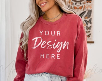 Comfort Colors 1566 Crimson Mockup, Comfort Colors Sweatshirt Mockup, Crimson Red Crewneck