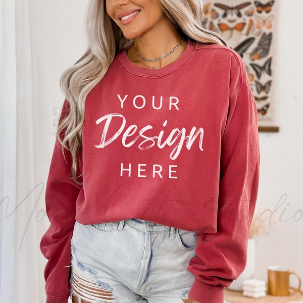 Comfort Colours 1566 Crimson Makieta, Comfort Colors Makieta Bluzy, Crimson Red Crewneck