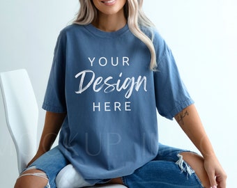 ブルージーンズ コンフォートカラーズ 1717 Tシャツ モックアップ、モデル モックアップ、コンフォートカラーズ ティー モック、Tシャツ モックアップ、オーバーサイズ モックアップ