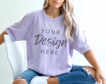 Orchid Comfort Colors 1717 Tシャツ モックアップ、モデル モックアップ、Comfort Colors Tシャツ モック、Tシャツ モックアップ、特大モックアップ