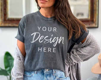 Comfort Colors C1717 Pepper, Pepper Shirt Mockup, Tshirt Mockup, Gray Tee Mockup, C1717 Model Mockup,  Boho Shirt Mock up, Grey Mockup