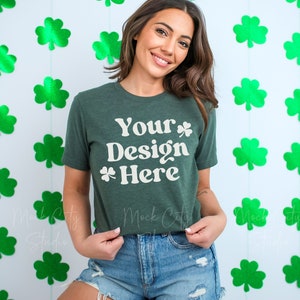 St Patricks Day Heather Forest Green Bella Canvas 3001 Mockup, Green Tshirt Mockup, Bella Canvas shirt Mockup, Saint Patrick's Day Mockup