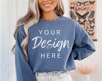 Comfort Colors 1566 Blå Jeansmodell, Comfort Colors Sweatshirtmodell, Blå Jeans Crewneck, Överdimensionerad Modell