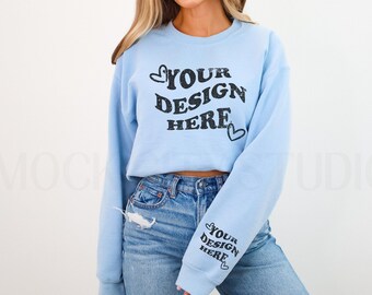 Gildan Sleeve Mockup, Light Blue Gildan 18000 Mockup, Gildan Arm Mockup, Model Mockup, Crewneck Sleeve Print