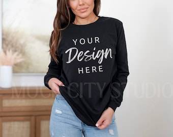 Black Long Sleeve Tshirt Bella Canvas 3501 Mockup, 3501 Tshirt Mockup, Model Bella Canvas 3501 Mocks, Model Mockup, Tee Mockup