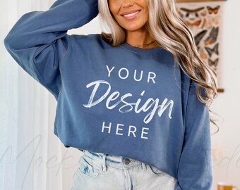 Comfort Colors 1566 Blå Jeansmodell, Comfort Colors Sweatshirtmodell, Blå Jeans Crewneck, Överdimensionerad Modell
