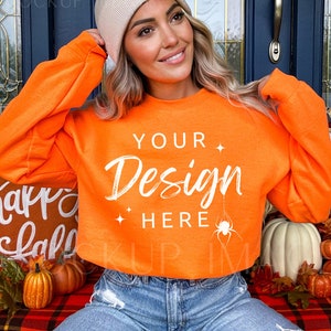 Gildan Orange 18000 Sweatshirt Mockup - Sweatshirt Mockup - Heavy Blend Gildan - Model Mockup - Herbst Mockup - Halloween Mockup - Herbst