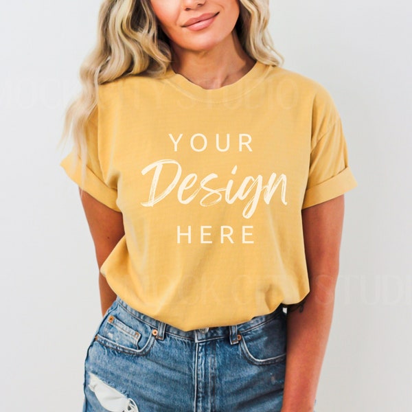 Comfort Colors Mustard Mockup, C1717 Tshirt Mockup, Model Mockup, Yellow Shirt Mockup, Mustard Unisex Tee Mockup