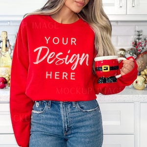 Gildan Red 18000 Sweatshirt Mockup - Red Crewneck Mock Up - Model Mockup - Holiday Mockup -Christmas Mockup