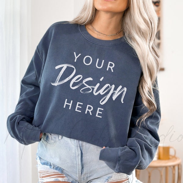 Comfort Colors 1566 Denim Mockup, Comfort Colors Sweatshirt Mockup, Denim Blue Crewneck, Oversized Mockup