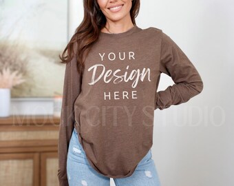 Heather Brown Long Sleeve Tshirt Bella Canvas 3501 Mockup, 3501 Tshirt Mockup, Model Bella Canvas 3501 Mocks, Model Mockup, Tee Mockup