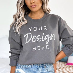 Charcoal Gildan 18000 Mockup Charcoal Grey Sweatshirt Mockup Sweatshirt Model Mockup Gray Gildan Crewneck Mockups