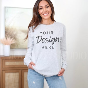 Ash Grey Long Sleeve Tshirt Bella Canvas 3501 Mockup, 3501 Tshirt Mockup, Model Bella Canvas 3501 Mocks, Model Mockup, Tee Mockup