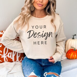 Gildan 18000 Sweatshirt Mockup - Sand Sweatshirt Mockup - Heavy Blend Sweatshirt - Model Mockup - Fall Mockup - Halloween Mockup - Autumn