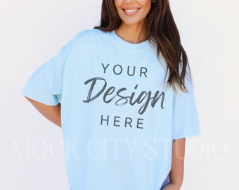 Comfort Colors C1717 Chambray Shirt Mockup, Tshirt Mockup, Blue Tee Mockup, Oversized Shirt Model Mockup, Comfort Colors Shirt Mockup