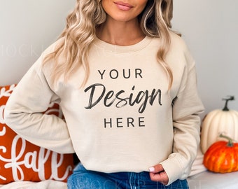 Gildan 18000 Sweatshirt Mockup - Sand Sweatshirt Mockup - Heavy Blend Sweatshirt - Model Mockup - Fall Mockup - Halloween Mockup - Autumn