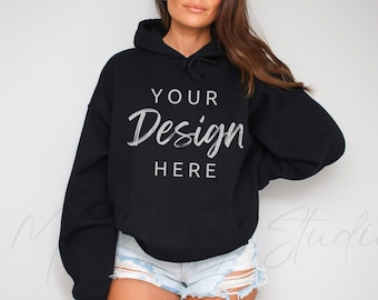 Gildan 18500 Black Hooded Sweatshirt Mockup, Gildan Hoodie Mockup Black Hooded Sweatshirt Model Mockup