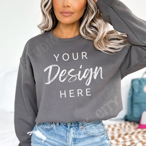 Charcoal Gildan 18000 Mockup Charcoal Grey Sweatshirt Mockup Sweatshirt Model Mockup Gray Gildan Crewneck Mockups