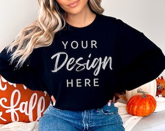 Gildan 18000 Sweatshirt Mockup - Black Sweatshirt Mockup - Heavy Blend Sweatshirt - Model Mockup - Fall Mockup - Halloween Mockup - Autumn