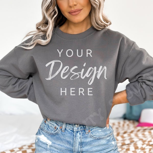 Charcoal Gildan 18000 Mockup Charcoal Grey Sweatshirt Mockup Sweatshirt Model Mockup Gray Gildan Crewneck Mockups