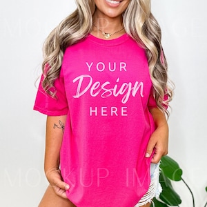 Comfort Colors C1717 Heliconia Shirt Mockup - Oversized Mockup - Heliconia Shirt - Pink Comfort Color Shirt Mock - Model Mockup