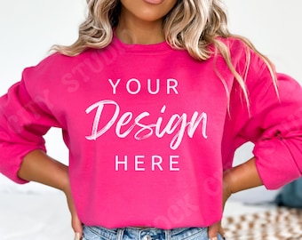 Heliconia Gildan 18000 Mockup Heliconia Pink Sweatshirt Mockup Sweatshirt Model Mockup Gildan Crewneck Mockups