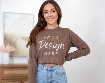 Heather Brown Long Sleeve Tshirt Bella Canvas 3501 Mockup, 3501 Tshirt Mockup, Model Bella Canvas 3501 Mocks, Model Mockup, Tee Mockup