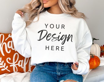 Gildan 18000 Sweatshirt Mockup - White Sweatshirt Mockup - Heavy Blend Sweatshirt - Model Mockup - Fall Mockup - Halloween Mockup - Autumn