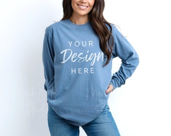 Comfort Colors 6014 Blue Jean Long sleeve Shirt Mockup, Long Sleeved Comfort Colors Mock, Model Mockup, Tshirt Mockups Blue Jean