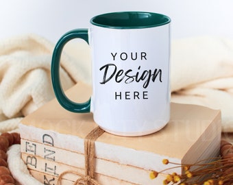 Mug Mockup, Hunter Green Handle Mug Mockup, Ceramic Mug Mockup, 15 oz Coffee Mug Mock