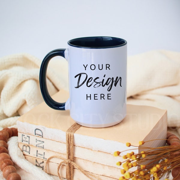 Mug Mockup, Navy Blue Handle Mug Mockup, Ceramic Mug Mockup, 15 oz Coffee Mug Mock