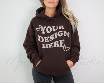 Gildan 18500 Dark Chocolate Hoodie Mockup, Gildan Hoodie Mockup, Dark Brown Hooded Sweatshirt Mockup, Model Mockup, oversized Hooded mockup