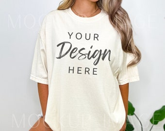 Comfort Colors C1717 Ivory Shirt Mockup - Oversized Mockup - Ivory Shirt - Ivory Comfort Color Shirt Mock - Model Mock up