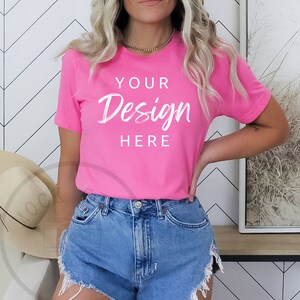 Charity Pink Bella Canvas 3001, Tshirt Mockup, Bright Pink Shirt Mock, Summer Mockup, Model Mock up, Pink T-Shirt Mockup, Minimalist mockup