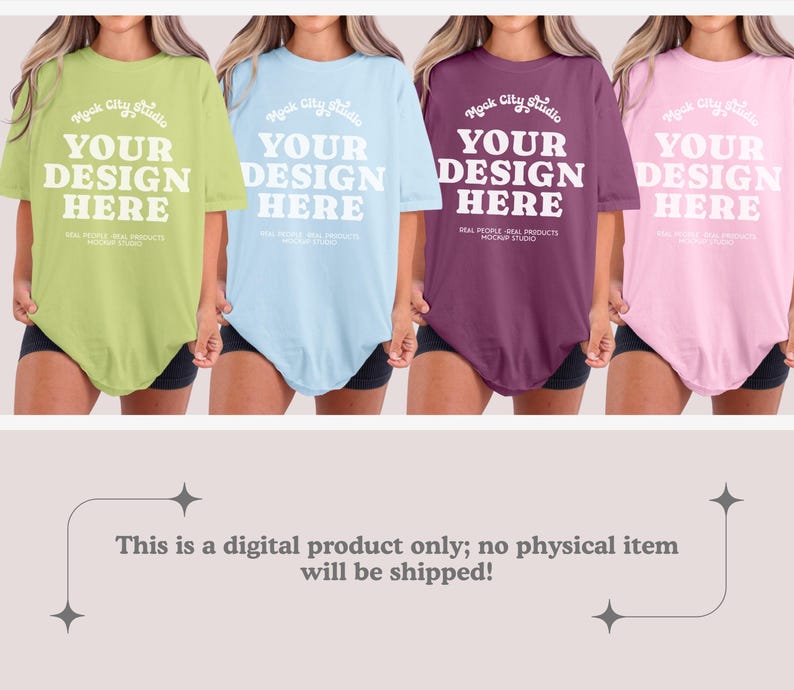 May include: Four oversized t-shirts in different colors: light green, light blue, burgundy, and light pink. Each shirt has the text "Mock City Studio" and "Your Design Here" printed on the front.