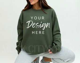 Gildan 18000 Mockup, Military Green Gildan 18000 Mockup, Gildan Crewneck Mockup, Model Mockup