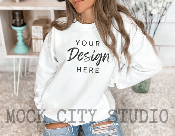 Gildan 18000 White Sweatshirt Mockup | Crewneck Model (PNG)