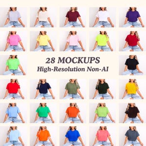 May include: A grid of 28 t-shirt mockups in various colors, including white, black, red, and blue. The text "28 MOCKUPS High-Resolution Non-AI" is displayed in the center. Each shirt is modeled on a person.