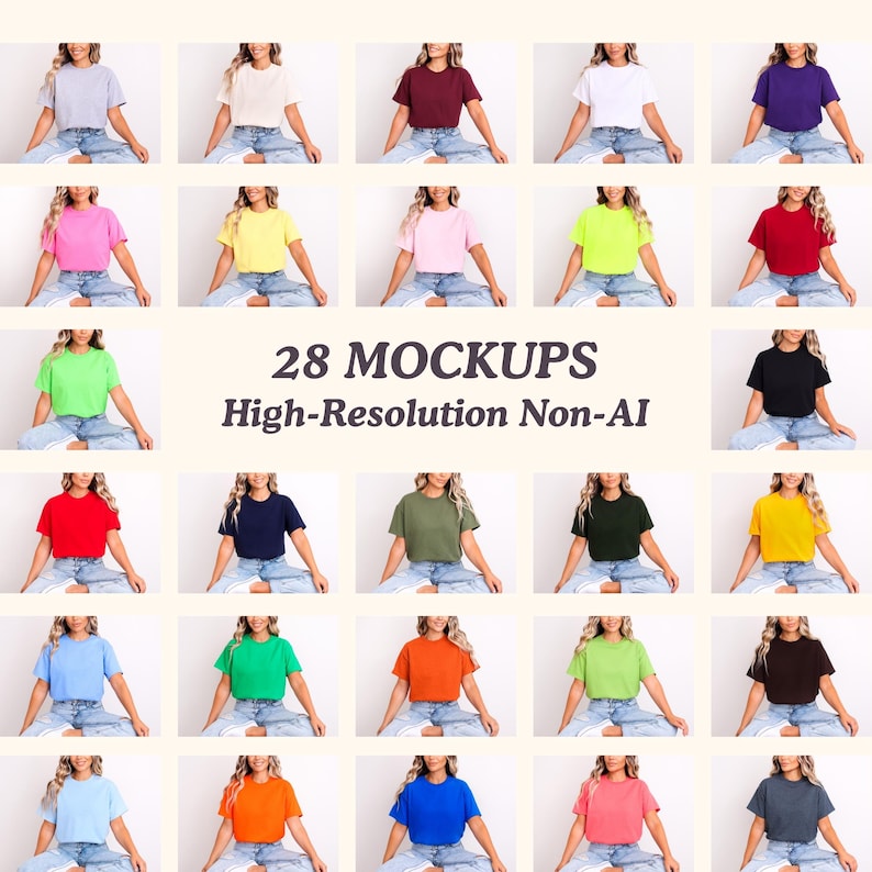 May include: A grid of 28 t-shirt mockups in various colors, including white, black, red, and blue. The text "28 MOCKUPS High-Resolution Non-AI" is displayed in the center. Each shirt is modeled on a person.
