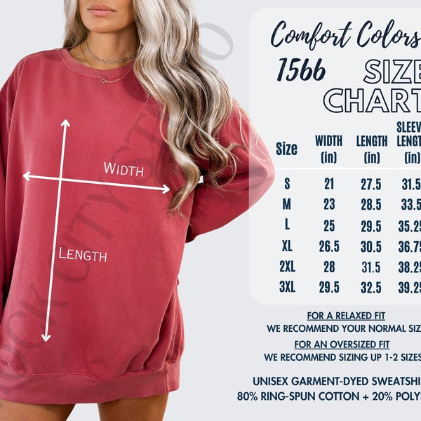 Comfort Colors 1566 Unisex Size Chart, Crewneck Size Chart, CC1566 Chart Mockup, Sizing Guide