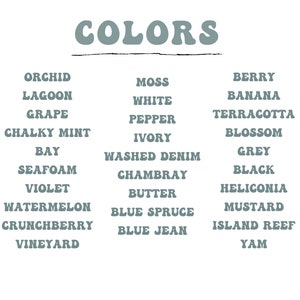 May include: A chart with the word "COLORS" at the top and a list of color names in three columns. The color names are written in a light blue font.