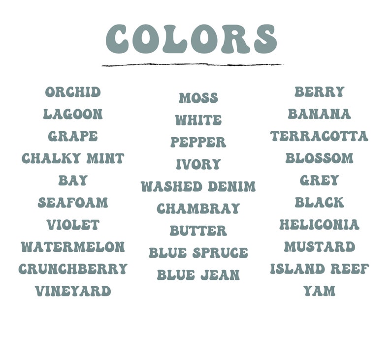 May include: A chart with the word "COLORS" at the top and a list of color names in three columns. The color names are written in a light blue font.