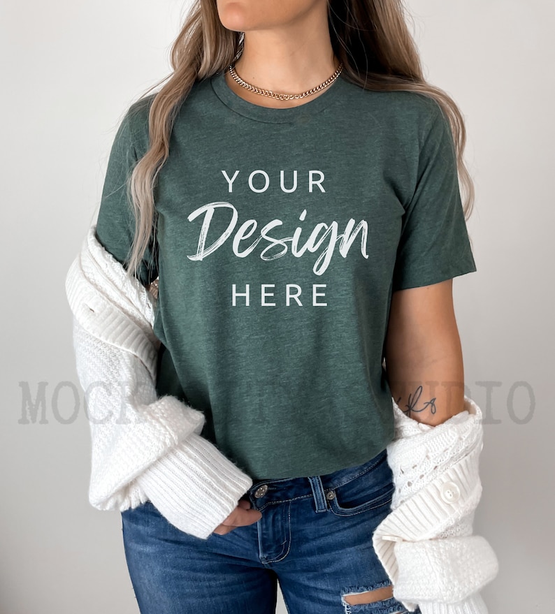 Bella Canvas 3001 T-Shirt Mockup | Heather Forest Green (PNG) image 1