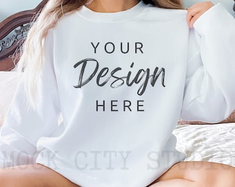 Gildan 18000 White Sweatshirt Mockup | Oversized Crewneck (PNG)