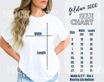 Tabela de tamanhos unissex Gildan 5000, tabela de tamanhos de camisetas, maquete de tabela de tamanhos de camisetas Gildan 5000, maquete de tabela de tamanhos, guia de tamanhos de camisetas